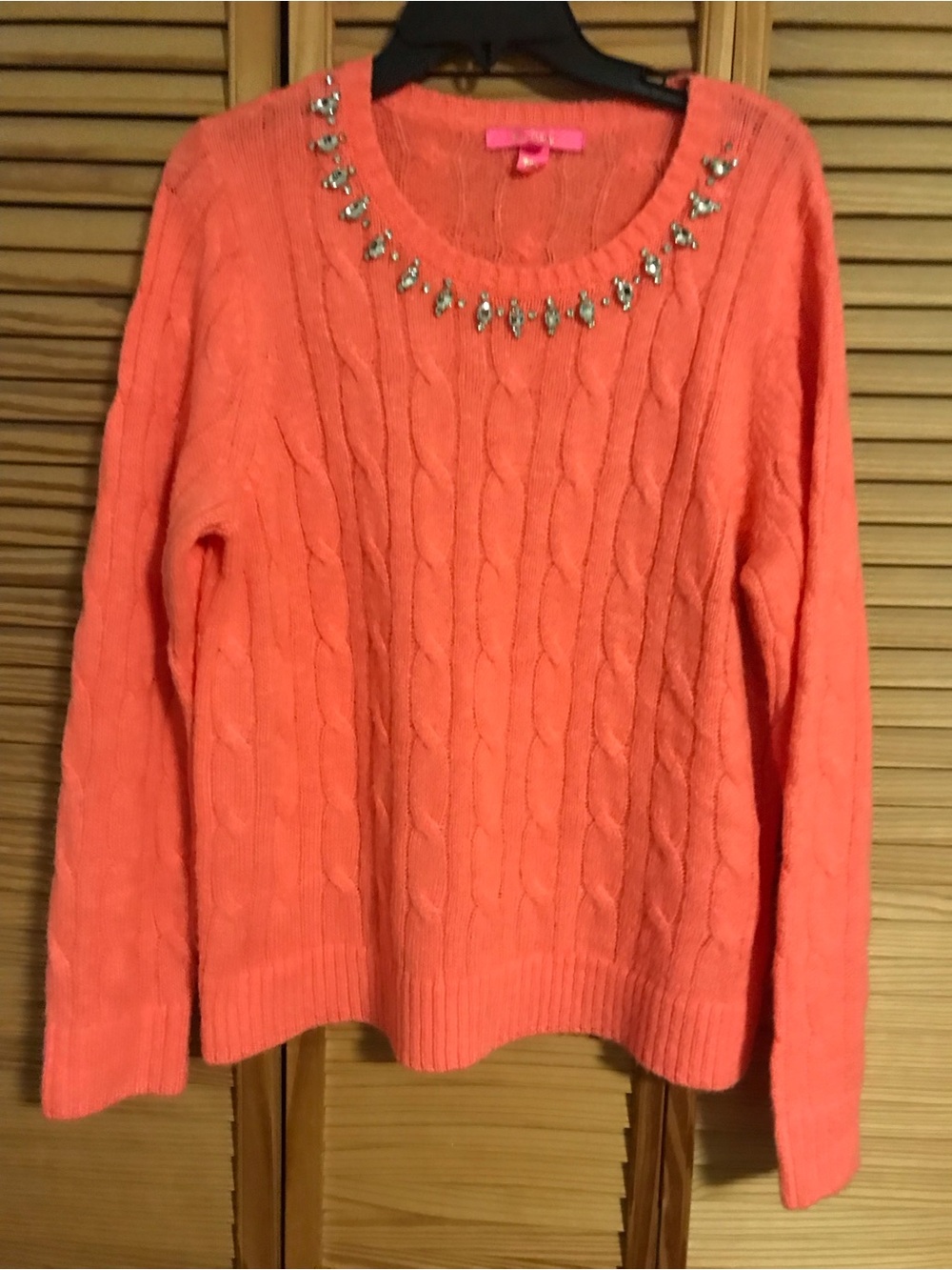 Lilly Pulitzer Coral Cable-Knit Sweater with Jeweled Neckline